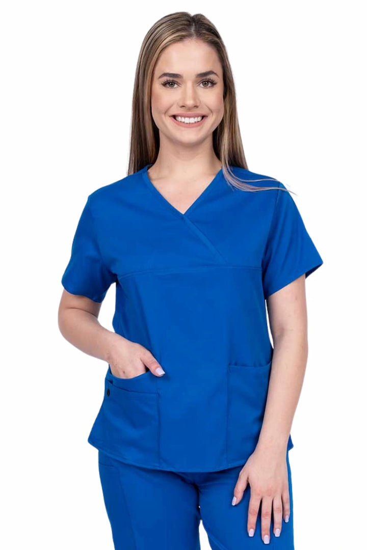 Woman wearing an Epic by MedWorks Women's Y-Neck Scrub Top in royal with a super soft, 2-way stretch fabric designed to move with your body all day long.