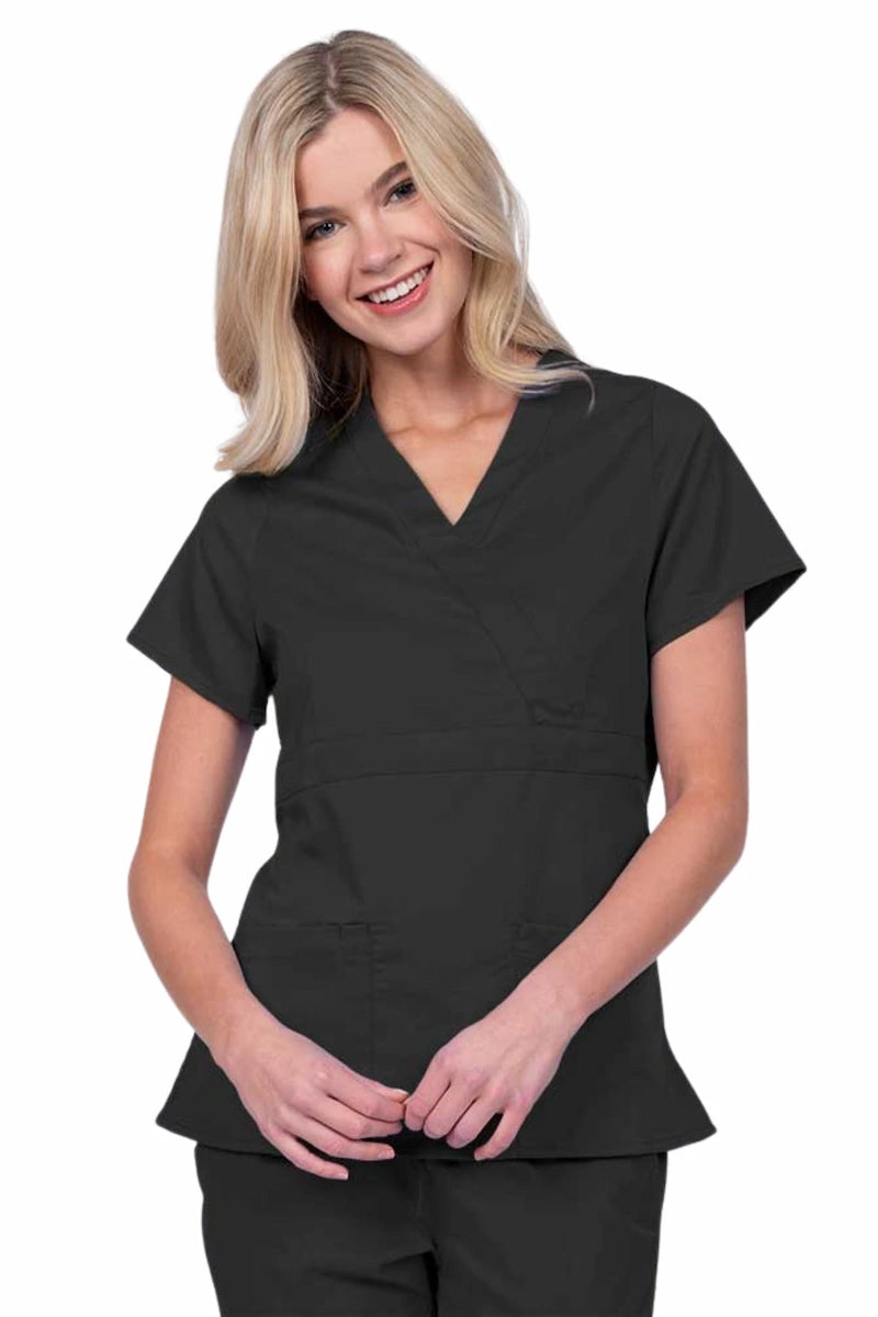 Young woman wearing an Epic by MedWorks Women's Mock Wrap Scrub Top in black with a unique fabric content of 77% Polyester, 21% Viscose, 2% Spandex.