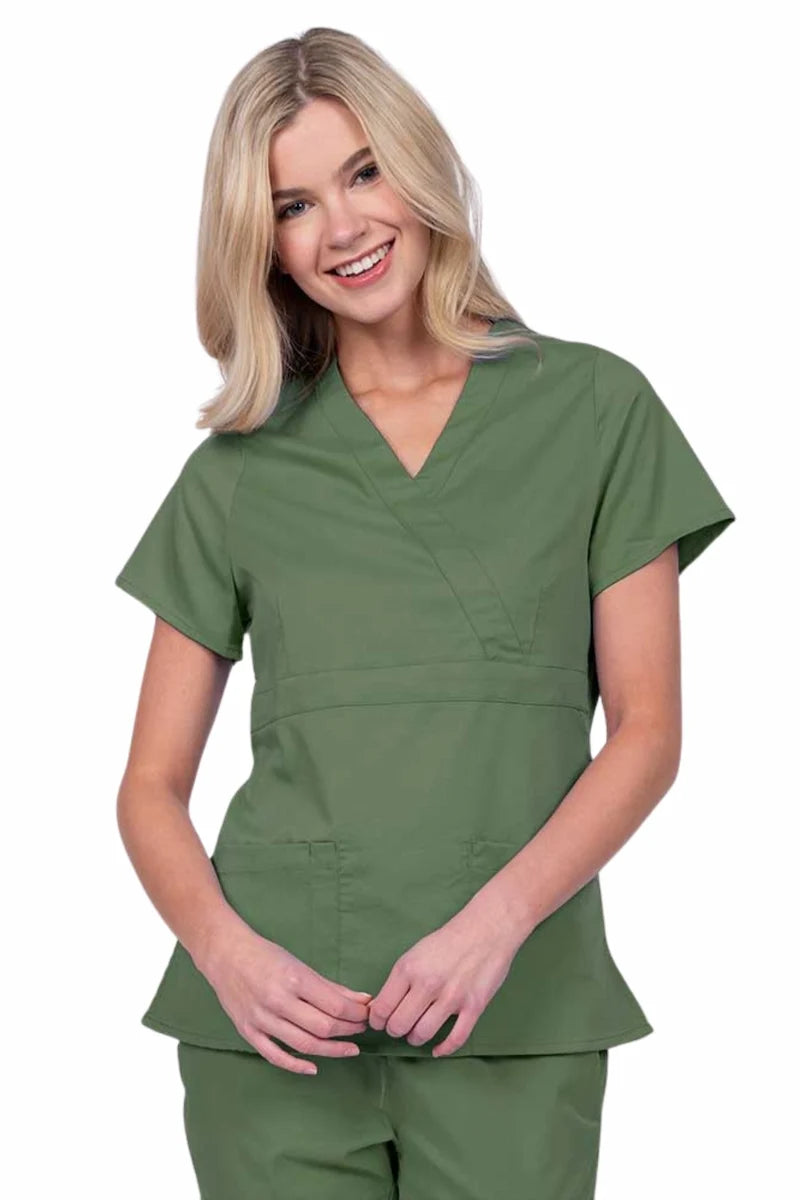 Young woman wearing an Epic by MedWorks Women's Mock Wrap Scrub Top in olive with a unique fabric content of 77% Polyester, 21% Viscose, 2% Spandex.