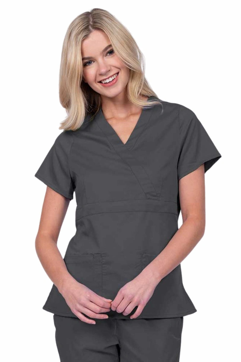 Young woman wearing an Epic by MedWorks Women's Mock Wrap Scrub Top in pewter with a unique fabric content of 77% Polyester, 21% Viscose, 2% Spandex.