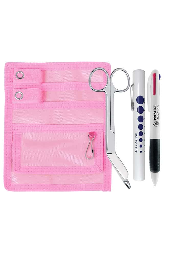 An image of the Prestige Medical Belt Loop Organizer Kit in Pink featuring a key chain clip & matching color tabs to secure instruments.