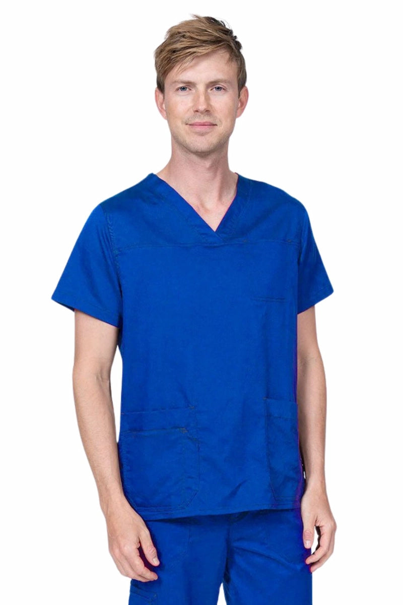 Male healthcare professional wearing an Epic by MedWorks Men's Scrub Top in royal with 2 front patch pockets and 1 exterior cell phone pocket on the wearer's right side.