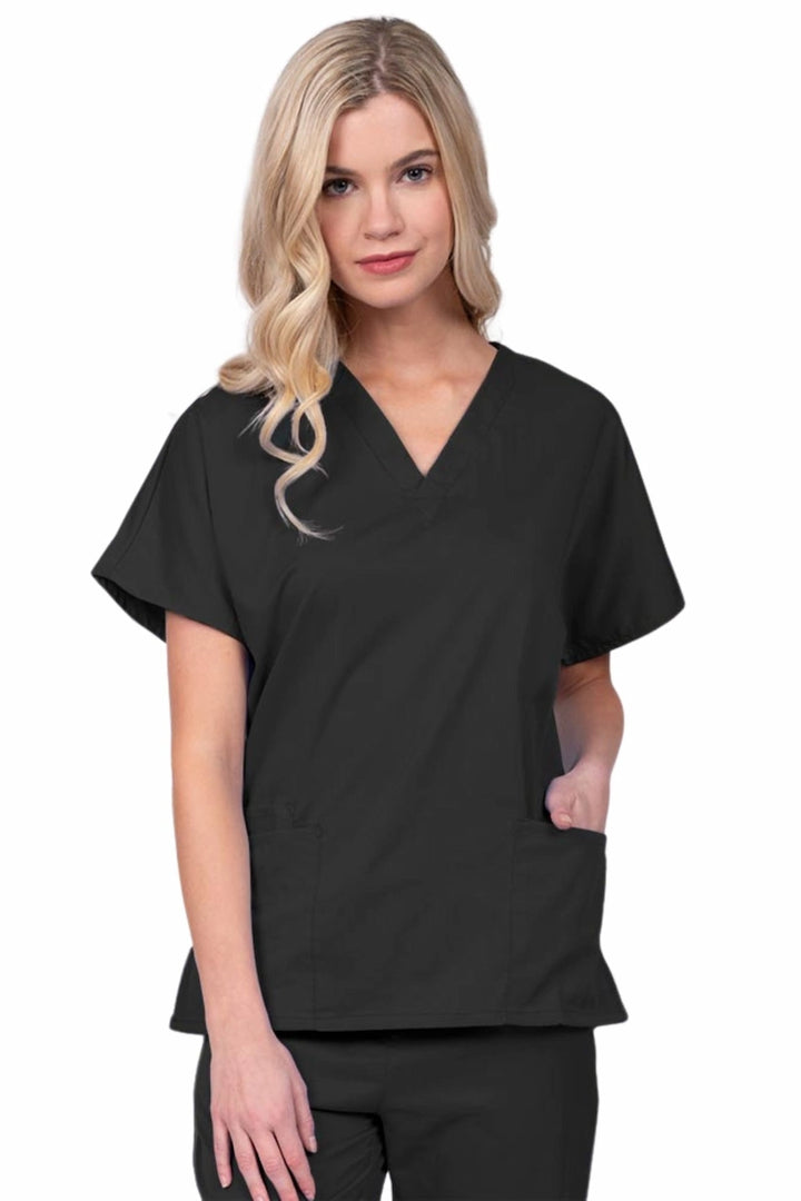 Young nurse wearing an Epic by MedWorks Unisex V-Neck Scrub Top in black with a unique, easy care fabric made of 77% polyester, 21% Viscose and 2% Spandex.