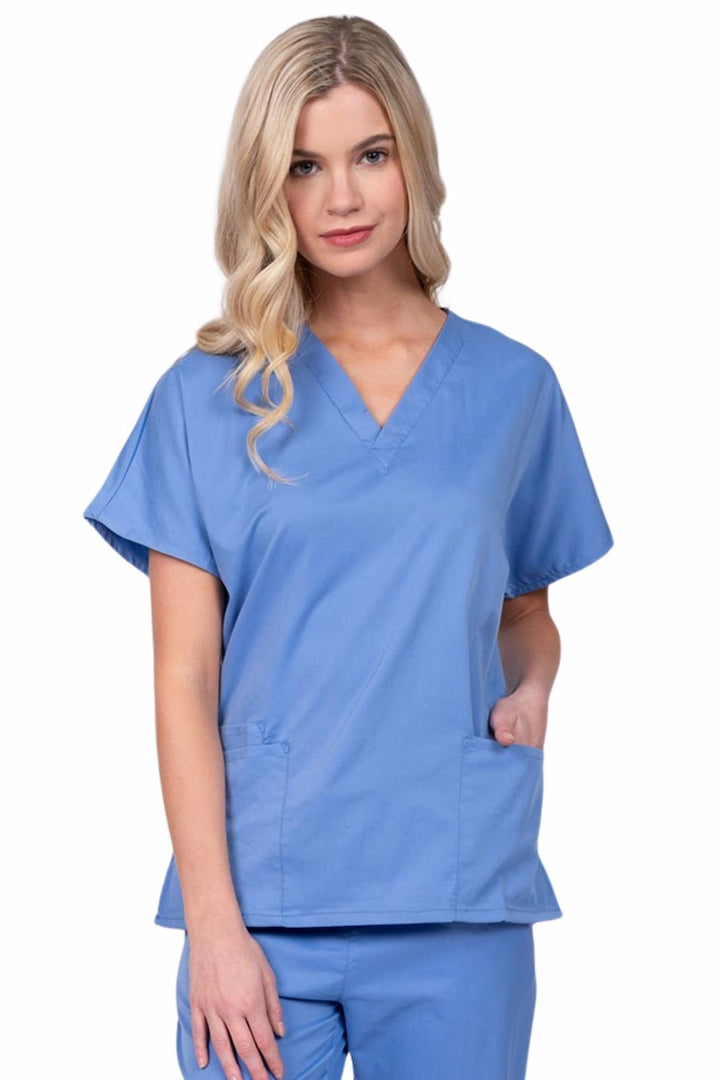 Young nurse wearing an Epic by MedWorks Unisex V-Neck Scrub Top in ceil with a unique, easy care fabric made of 77% polyester, 21% Viscose and 2% Spandex.