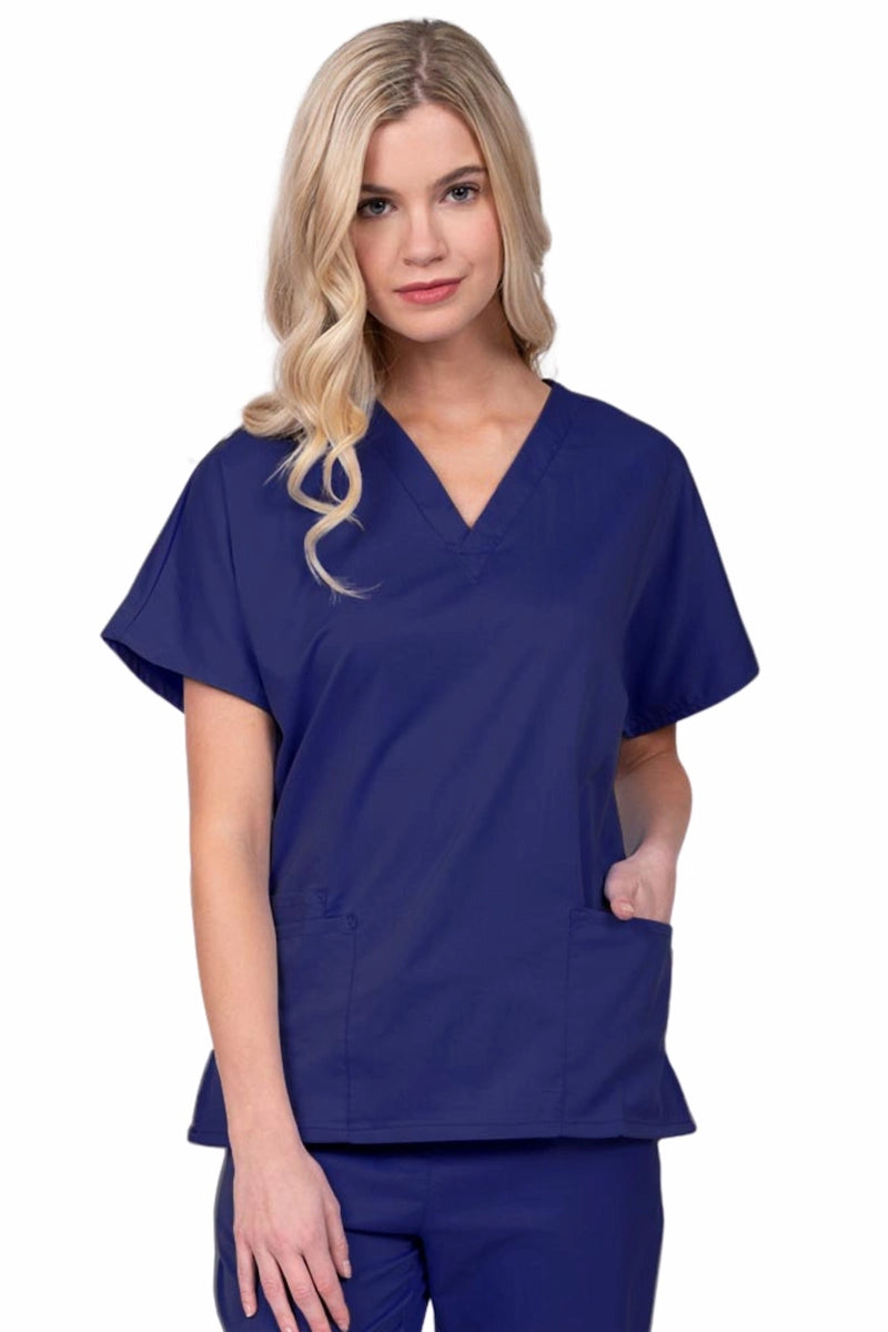 Young nurse wearing an Epic by MedWorks Unisex V-Neck Scrub Top in navy with a unique, easy care fabric made of 77% polyester, 21% Viscose and 2% Spandex.