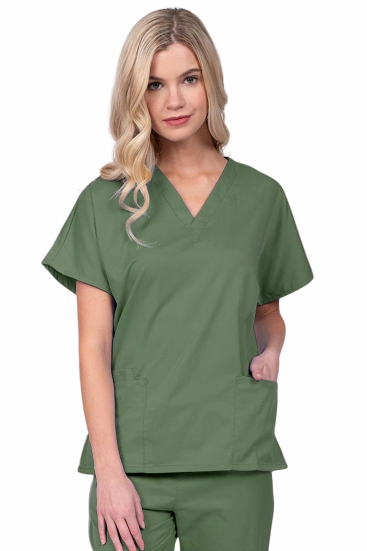 Young nurse wearing an Epic by MedWorks Unisex V-Neck Scrub Top in olive with a unique, easy care fabric made of 77% polyester, 21% Viscose and 2% Spandex.