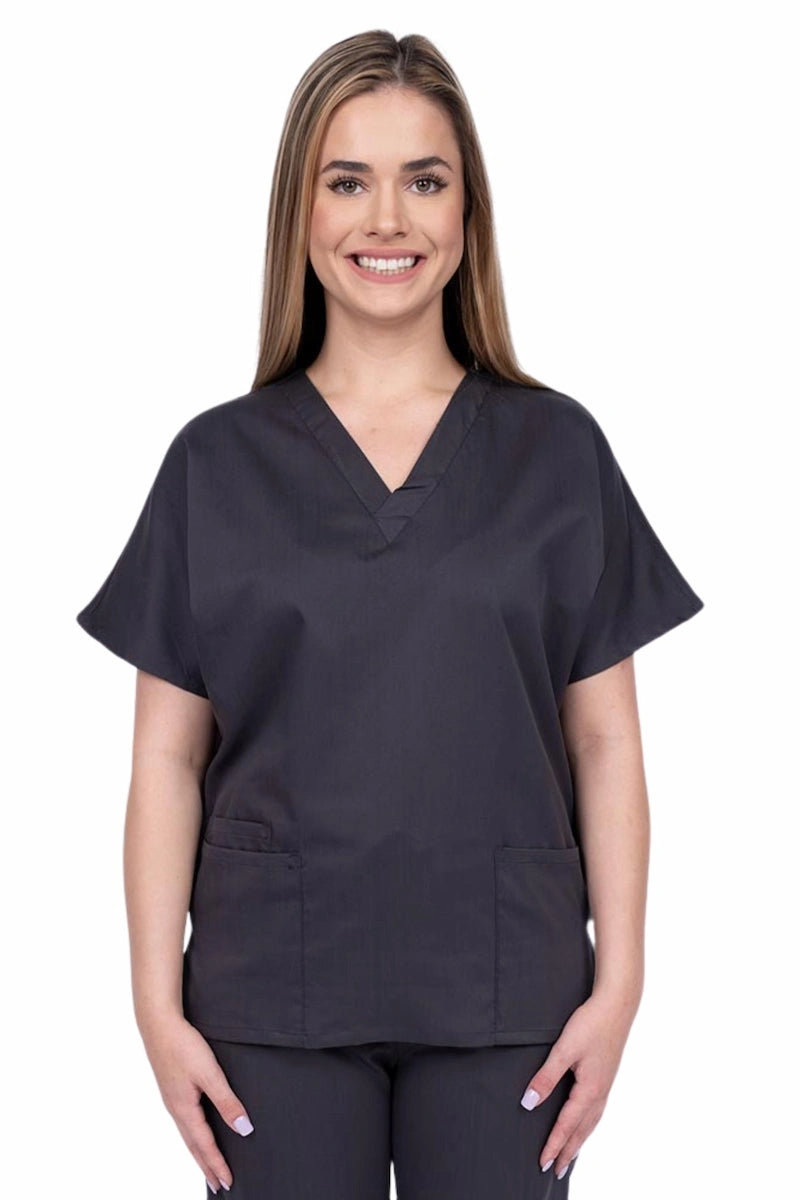 Young nurse wearing an Epic by MedWorks Unisex V-Neck Scrub Top in pewter with a unique, easy care fabric made of 77% polyester, 21% Viscose and 2% Spandex.