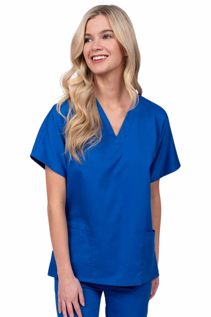 Young nurse wearing an Epic by MedWorks Unisex V-Neck Scrub Top in royal with a unique, easy care fabric made of 77% polyester, 21% Viscose and 2% Spandex.