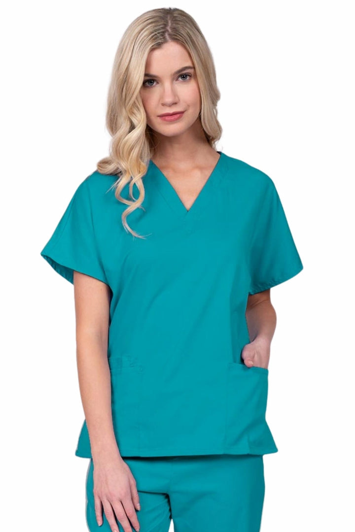 Young nurse wearing an Epic by MedWorks Unisex V-Neck Scrub Top in teal with a unique, easy care fabric made of 77% polyester, 21% Viscose and 2% Spandex.