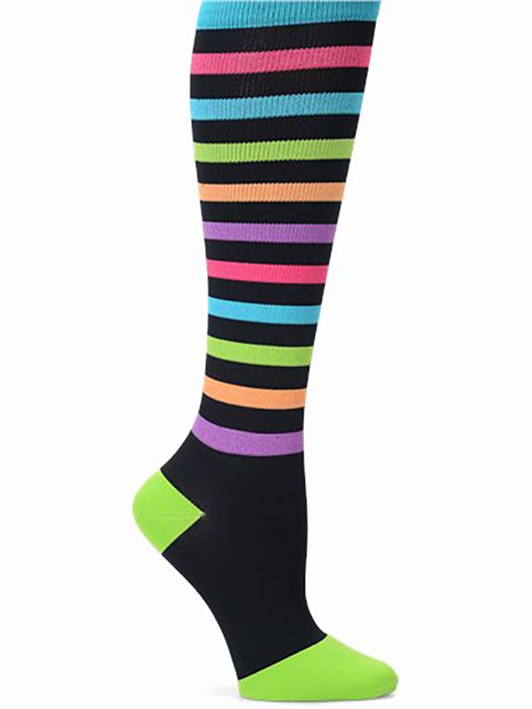 A pair of Women's Compression Socks from NurseMates in Bright Stripes featuring 12-14 mmHg Graduated Compression to help improve circulation and relieve leg fatigue.