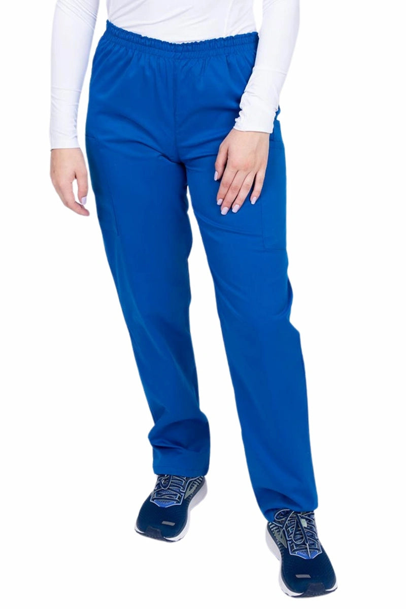 Young woman wearing an Epic by MedWorks Women's Elastic Waist Scrub Pant in royal featuring a tapered leg and elastic waist.