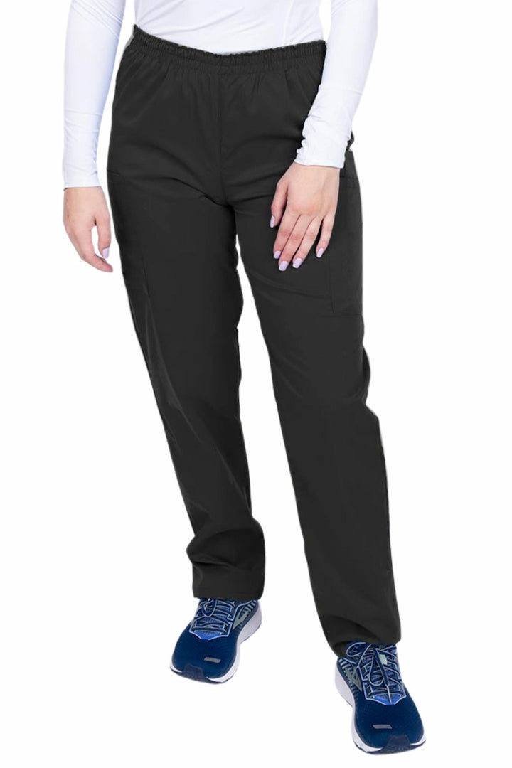 Young woman wearing an Epic by MedWorks Women's Elastic Waist Scrub Pant in black featuring a tapered leg and elastic waist.