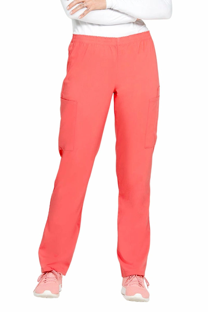 A female Nursing Assistant wearing an Epic by MedWorks Women's Elastic Waist Scrub Pant in Coral size Large featuring a natural rise, classic fit.