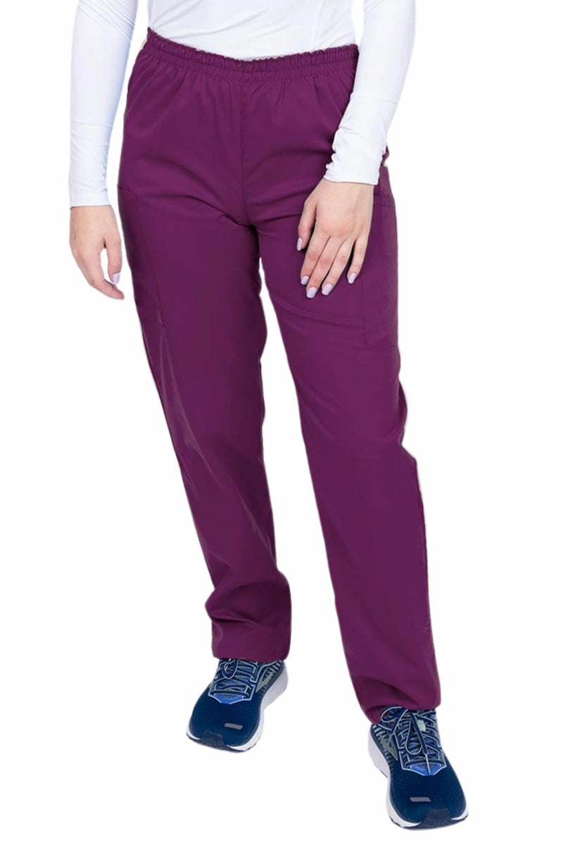 Young woman wearing an Epic by MedWorks Women's Elastic Waist Scrub Pant in eggplant featuring a tapered leg and elastic waist.