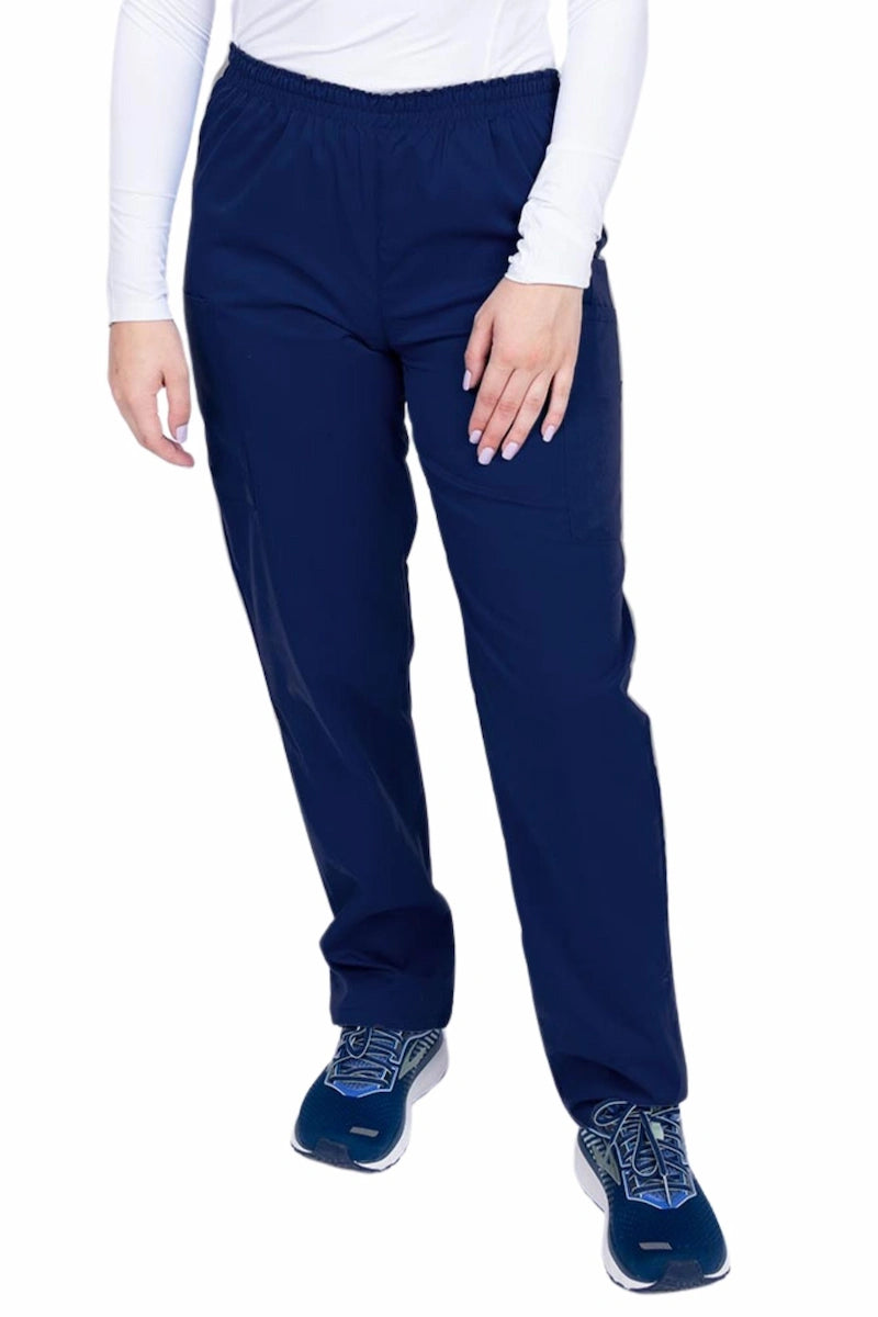 Young woman wearing an Epic by MedWorks Women's Elastic Waist Scrub Pant in navy featuring a tapered leg and elastic waist.