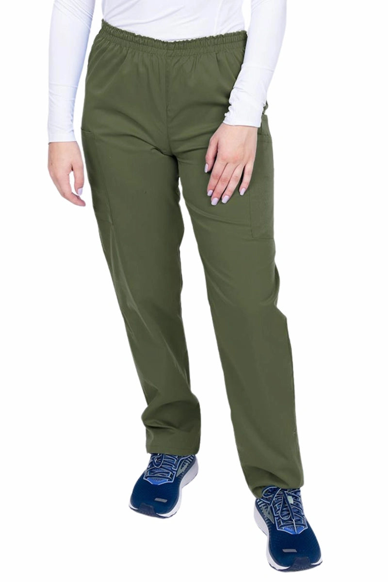 Young woman wearing an Epic by MedWorks Women's Elastic Waist Scrub Pant in olive featuring a tapered leg and elastic waist.