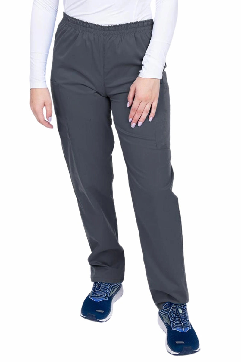 Young woman wearing an Epic by MedWorks Women's Elastic Waist Scrub Pant in pewter featuring a tapered leg and elastic waist.