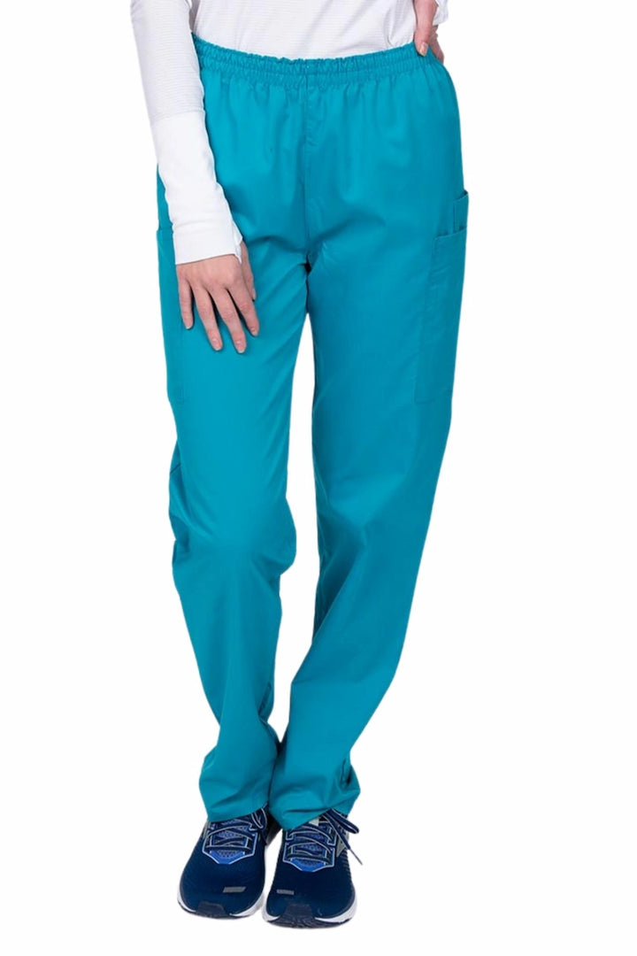 Woman wearing an Epic by MedWorks Women's Elastic Waist Scrub Pant in teal featuring a unique stretch fabric made of 77% Polyester, 21% Viscose, 2% Spandex.