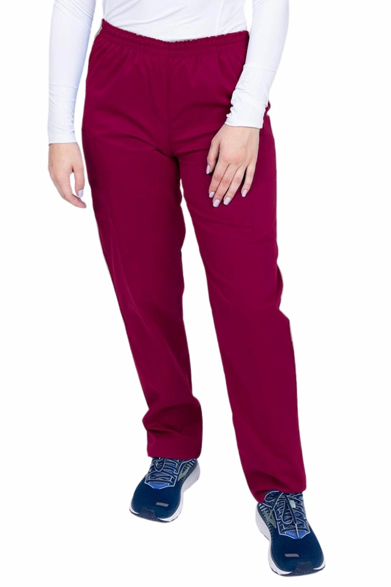 Young woman wearing an Epic by MedWorks Women's Elastic Waist Scrub Pant in wine featuring a tapered leg and elastic waist.