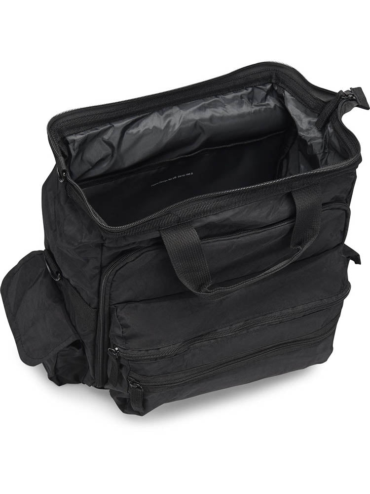 A top down picture of the Nurse Mates Ultimate Medical Bag in "Black" featuring a large hinged mouth for all of your on the go storage needs.