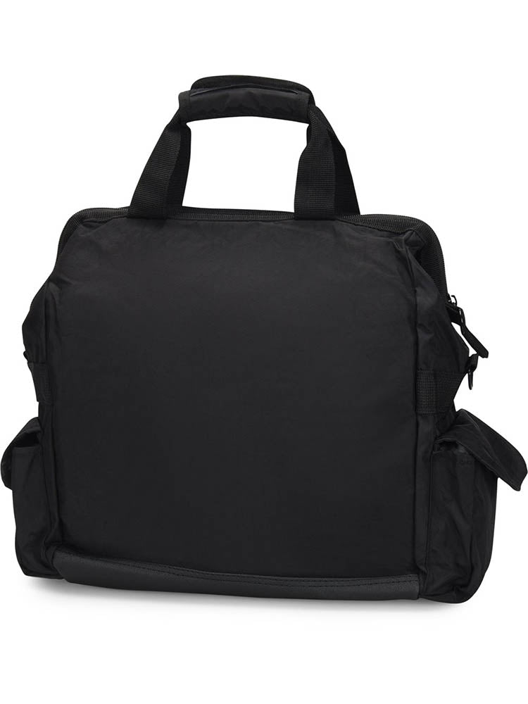 An image of the NurseMates Ultimate Medical Bag from the back in "Black" featuring heavy duty zippers & multiple compartments for maximum storage room.