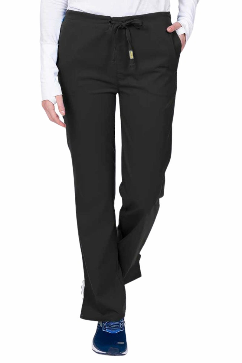 Young nurse wearing an Epic by MedWorks Women's Drawstring Flare Leg Scrub Pant in black with unique stretch fabric made of 77% Polyester, 21% Viscose, 2% Spandex.