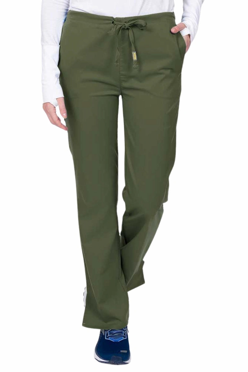 Young nurse wearing an Epic by MedWorks Women's Drawstring Flare Leg Scrub Pant in olive with unique stretch fabric made of 77% Polyester, 21% Viscose, 2% Spandex.