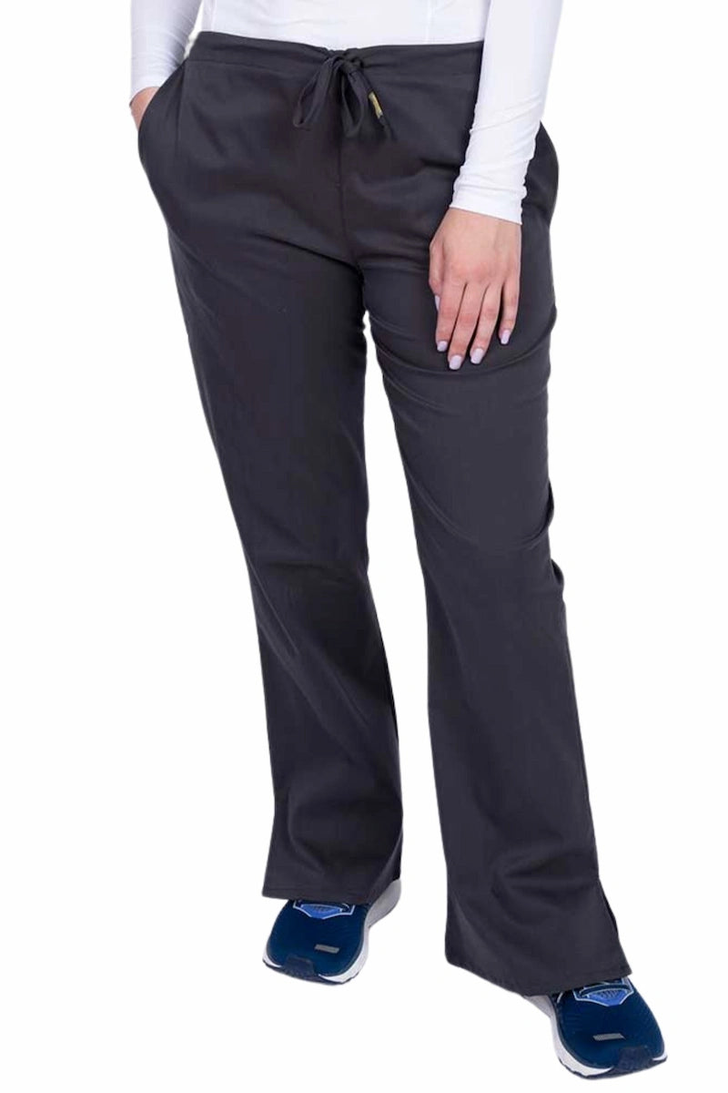 Young nurse wearing an Epic by MedWorks Women's Drawstring Flare Leg Scrub Pant in pewter with unique stretch fabric made of 77% Polyester, 21% Viscose, 2% Spandex.