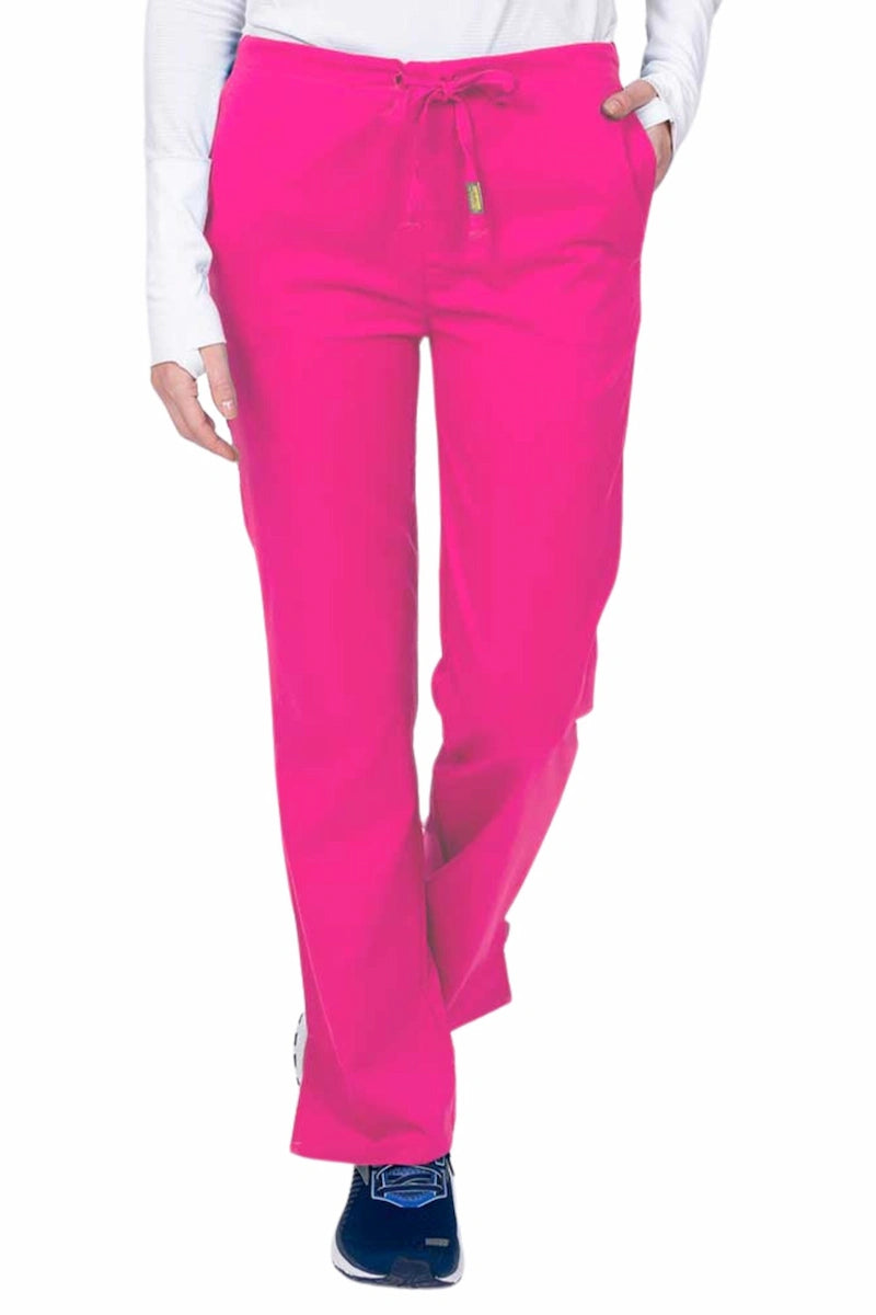 Young nurse wearing an Epic by MedWorks Women's Drawstring Flare Leg Scrub Pant in shocking pink with unique stretch fabric made of 77% Polyester, 21% Viscose, 2% Spandex.