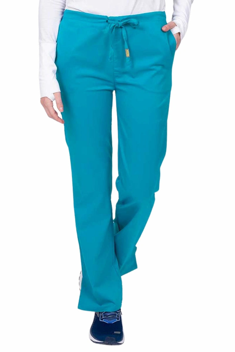 Young nurse wearing an Epic by MedWorks Women's Drawstring Flare Leg Scrub Pant in teal with unique stretch fabric made of 77% Polyester, 21% Viscose, 2% Spandex.