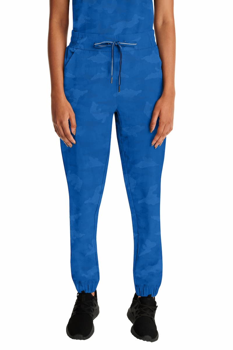 The front of the the Purple Label Women's Tate Camo Scrub Jogger in Royal Blue featuring a modern fit and total of 5 pockets.