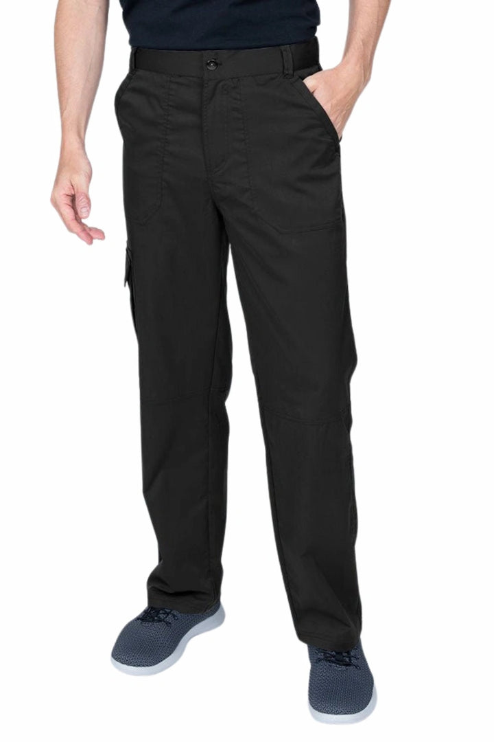 Man wearing an Epic by MedWorks Men's Button Front Scrub Pant in black with metal button front closure.