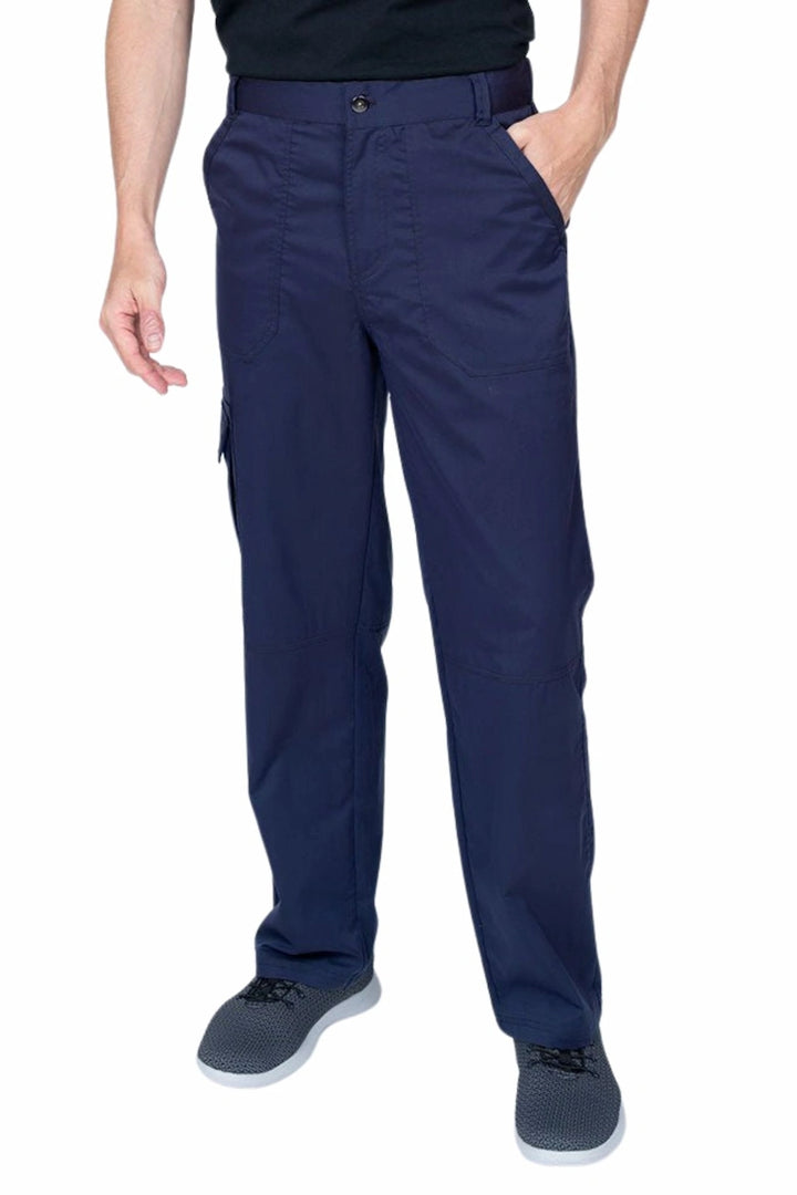 Man wearing an Epic by MedWorks Men's Button Front Scrub Pant in navy with metal button front closure.