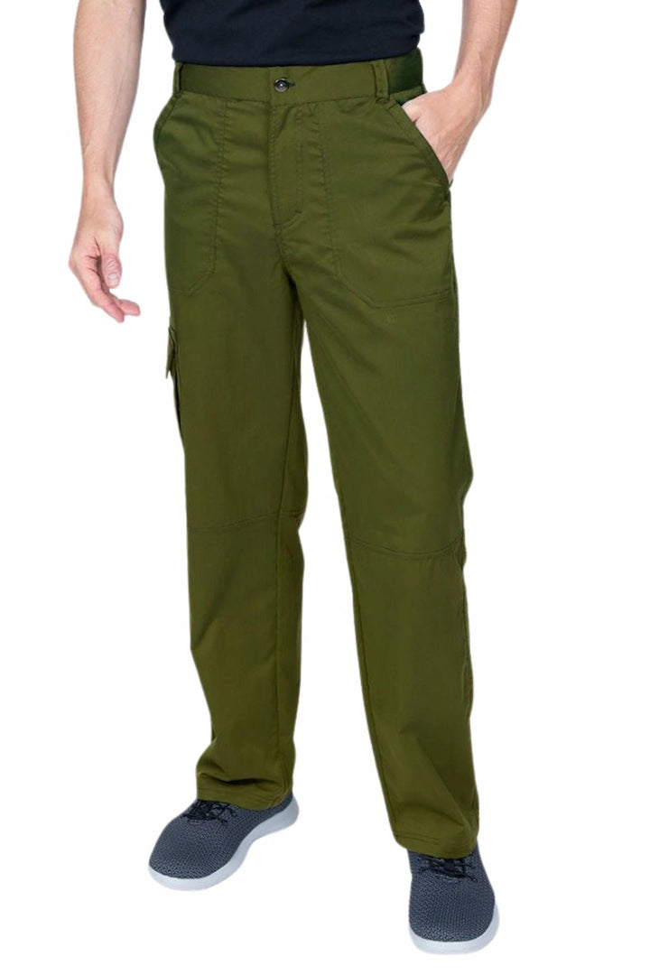 Man wearing an Epic by MedWorks Men's Button Front Scrub Pant in olive with metal button front closure.