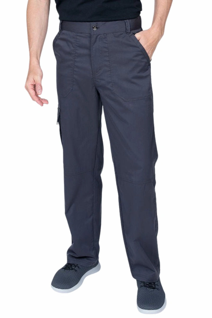 Man wearing an Epic by MedWorks Men's Button Front Scrub Pant in pewter with metal button front closure.