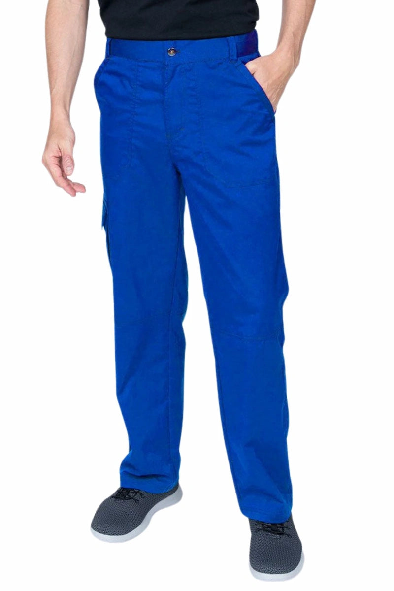 Man wearing an Epic by MedWorks Men's Button Front Scrub Pant in royal with metal button front closure.