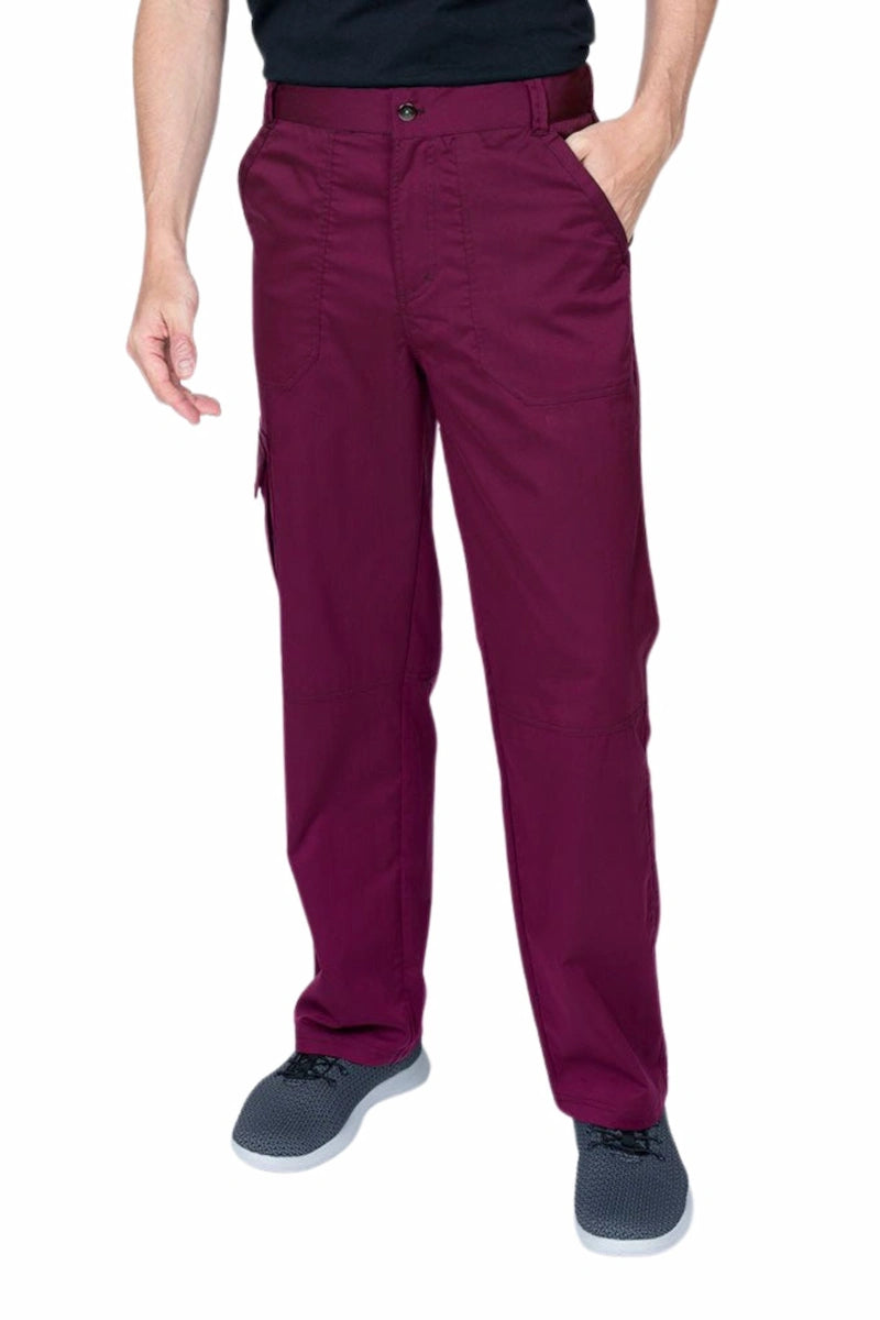 Man wearing an Epic by MedWorks Men's Button Front Scrub Pant in wine with metal button front closure.