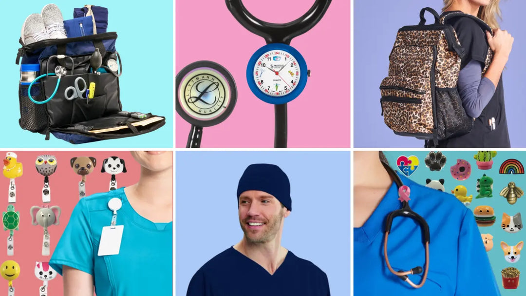 A look at some of the available medical accessories at Scrub Pro Uniforms on a multi-colored background.