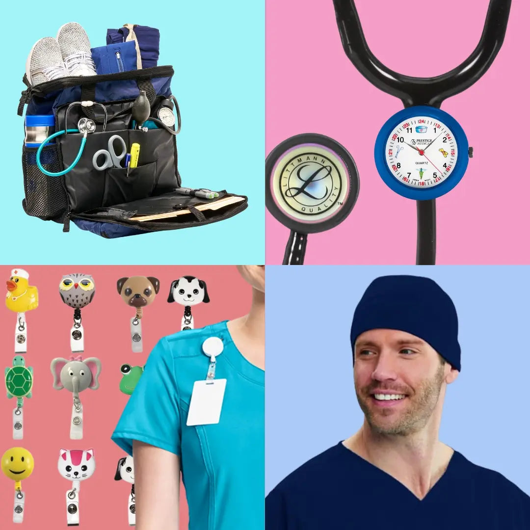 A collection of available nursing accessories at Scrub Pro Uniforms on a multi-colored background.