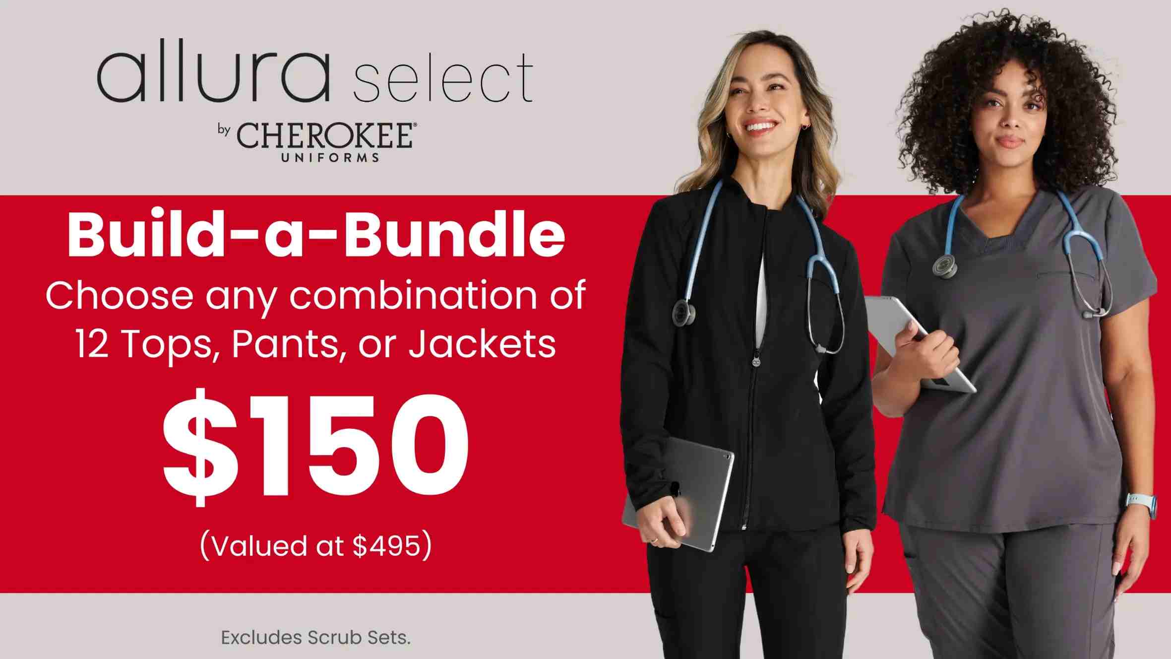 Build a bundle of Cherokee Allura Select scrubs by choosing any combination of 12 tops, pants, or jackets at Scrub Pro Uniforms.