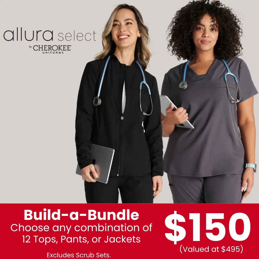 Two young female nurse practitioners wearing Allura Select scrubs on a light grey background. Bundel and save at Scrub Pro today!