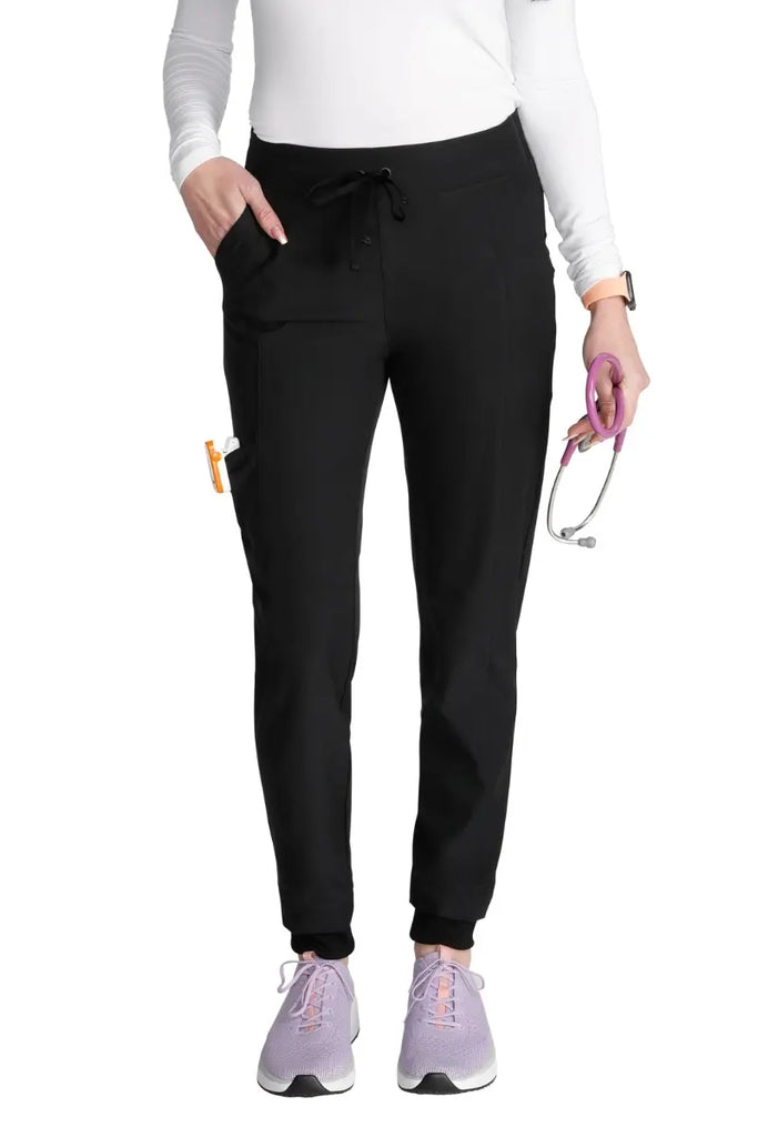 The front of the Allura Women's High Waist Gusset Jogger in Black featuring a contemporary fit and gusset crotch.