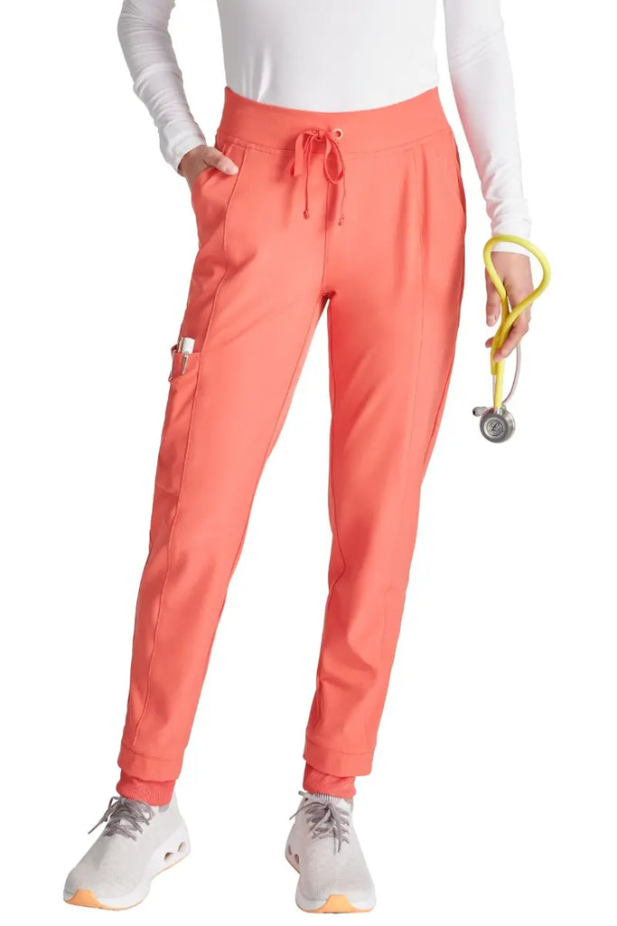 The front of the Allura Women's High Waist Gusset Jogger in Cayenne featuring a contemporary fit and gusset crotch.