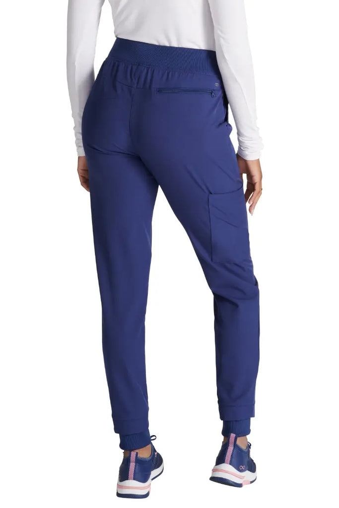 The back of the Allura Women's High Waist Gusset Jogger in Navy featuring one back zipper closure pocket.