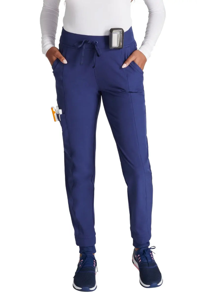 The front of the Allura Women's High Waist Gusset Jogger in Navy Blue featuring a contemporary fit and gusset crotch.
