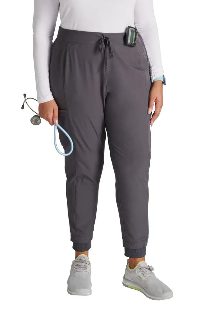 The front of the Allura Women's High Waist Gusset Jogger in Pewter featuring a contemporary fit and gusset crotch.