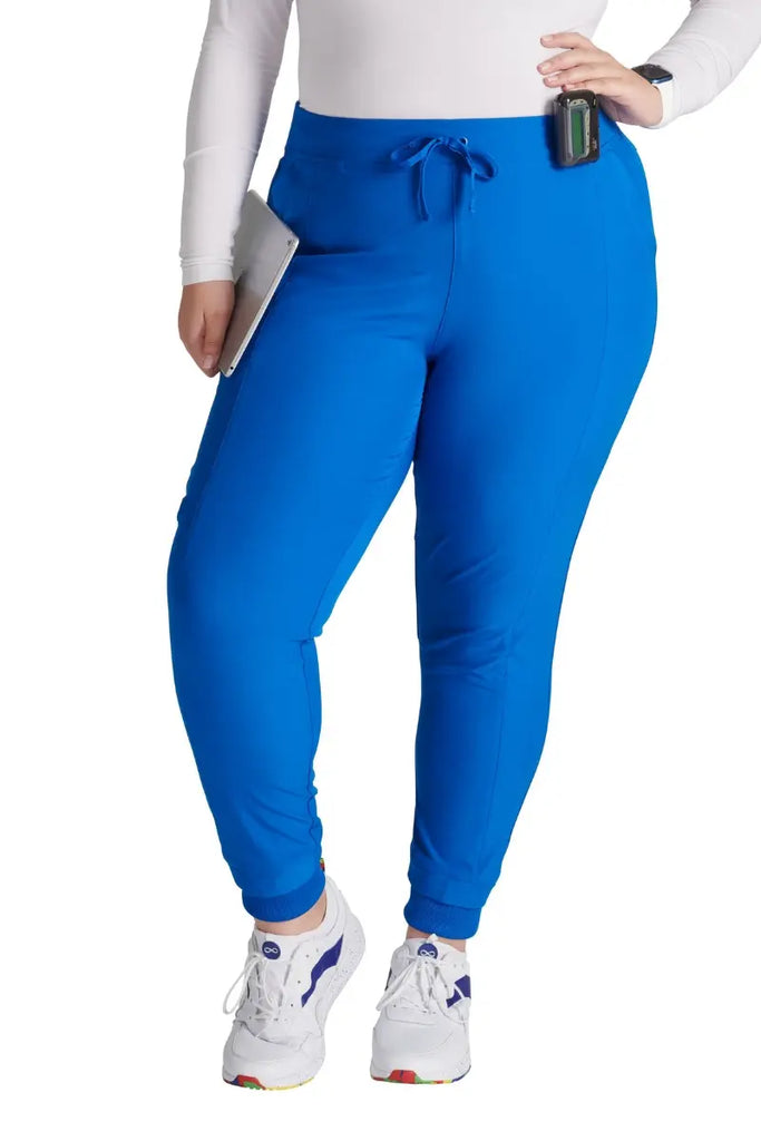 The front of the Allura Women's High Waist Gusset Jogger in Royal Blue featuring a contemporary fit and gusset crotch.