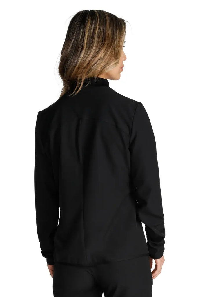 The back of the Allura Women's Zip-Up Scrub Jacket in Black size Medium featuring a center back length of 24".
