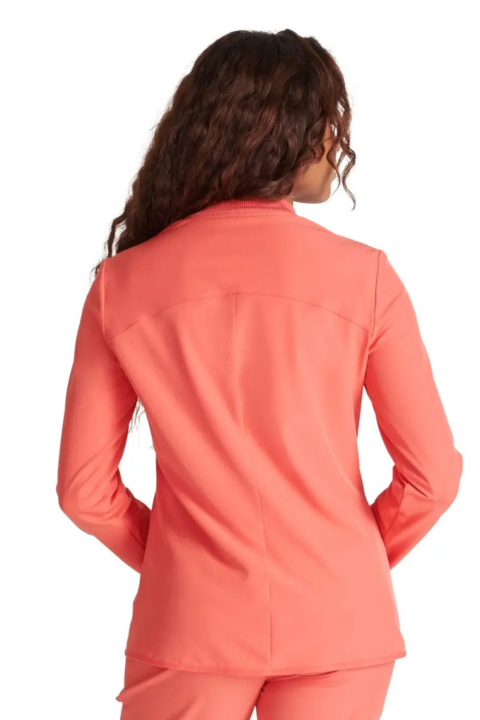The back of the Allura Women's Zip-Up Scrub Jacket in Cayenne size Medium featuring a center back length of 24".