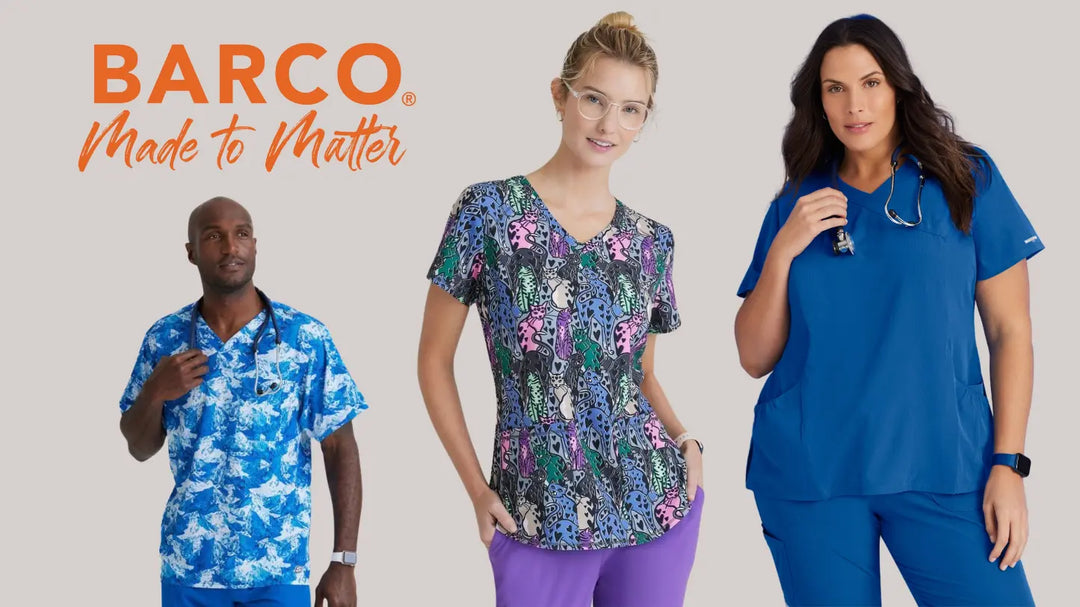 Three young Pediatric Nurses showcasing some of Scrub Pro's collection of Barco Uniforms on a light grey background.